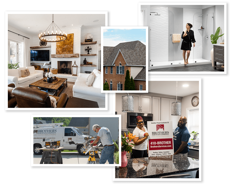 Collage showing living room, bathroom, exterior remodels, worker and happy customers.