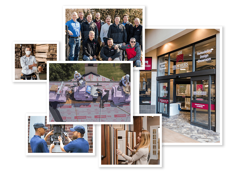 Collage of images showing workers and the brothers showroom store front.
